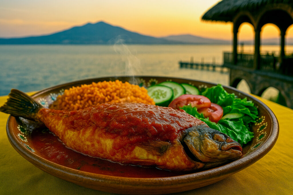 Platillo tradicional de la Ribera de Chapala: un filete de pescado blanco fresco, deshuesado, pero con la cabeza, capeado con claras de huevo batidas a punto de turrón hasta dorarse, presentado elegantemente en un plato de cerámica tradicional