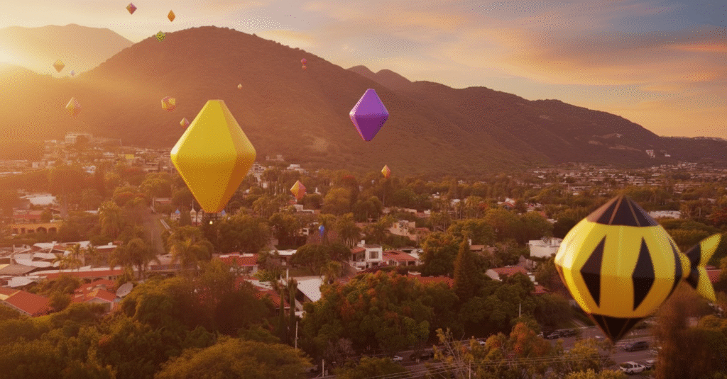 Globos de cantoya multicolores volando sobre el Lago de Chapala en Ajijic, Jalisco, durante la Regata Anual